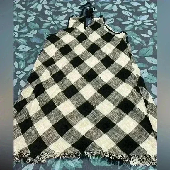 Anthropologie Cloth & Stone Black White Gingham Buffalo Check Fringed Dress M - Picture 1 of 3